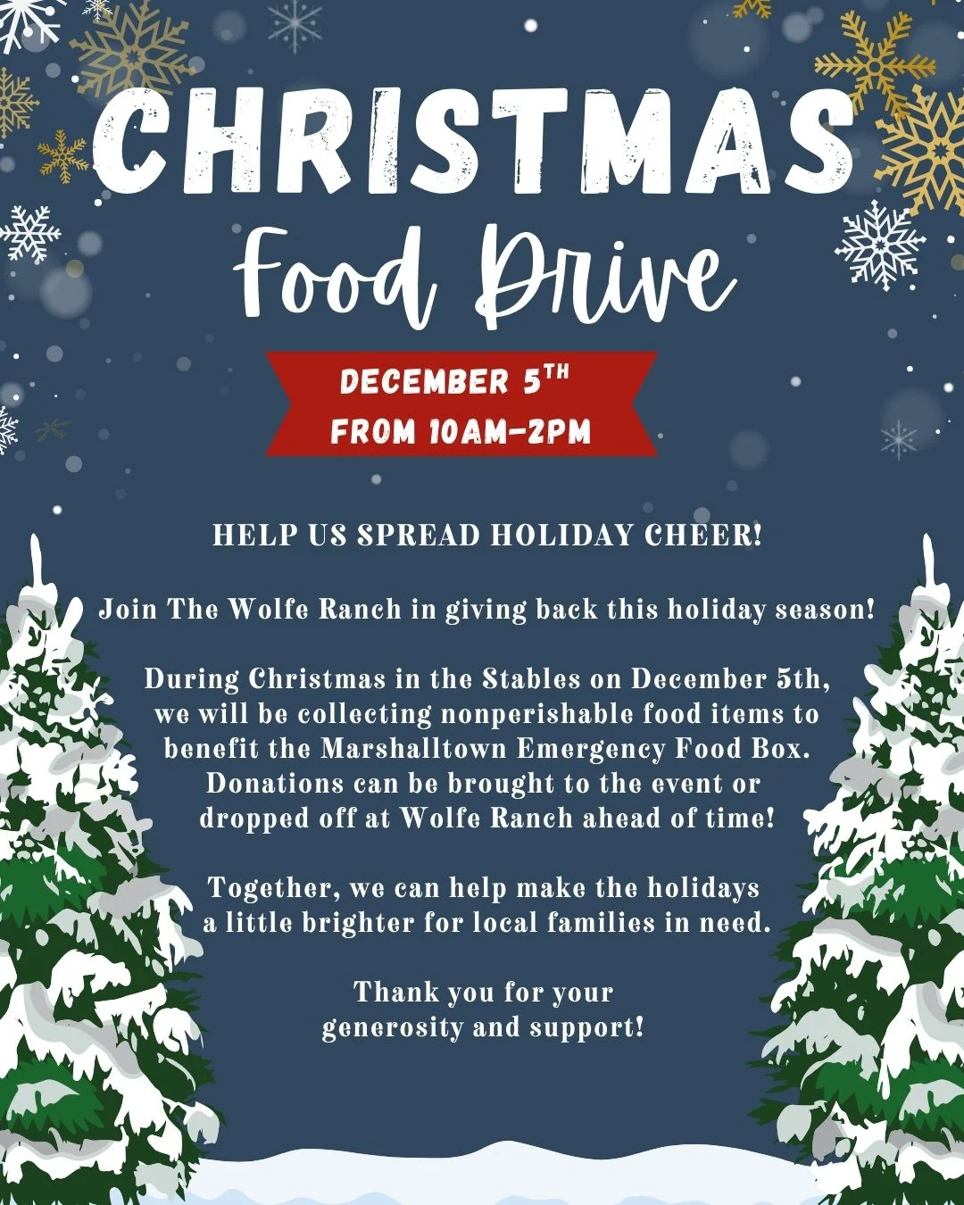 Christmas Food Drive flyer: December 5, 10 a.m.–2 p.m. at Wolfe Ranch during Christmas in the Stables. Nonperishable food donations benefit the Marshalltown Emergency Food Box.